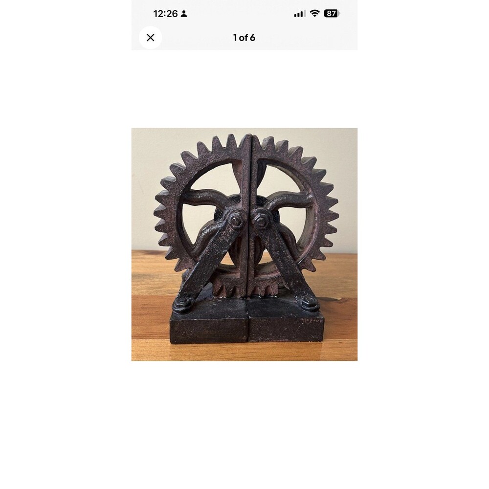 Rustic Industrial Wheel Gear Bookends Solid Resin Bronze Brown Tone 7” Tall